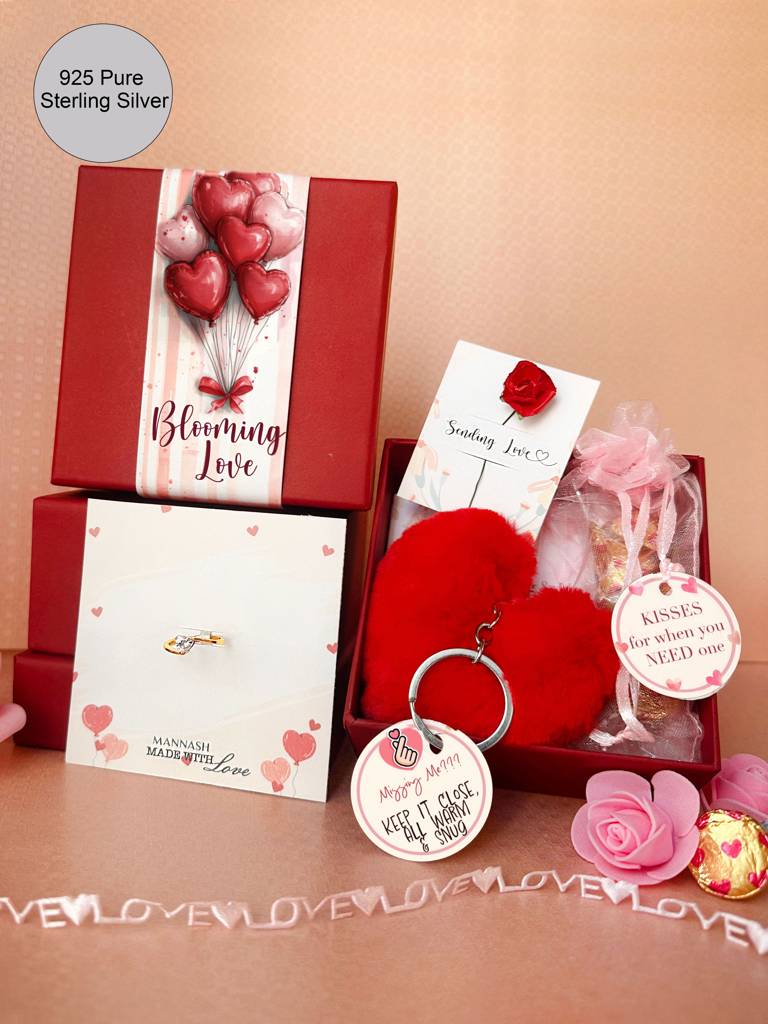 Mannash Blooming Love Valentine Gift Hamper Solitaire Heart Silver Ring : MZRVHR973D2401
