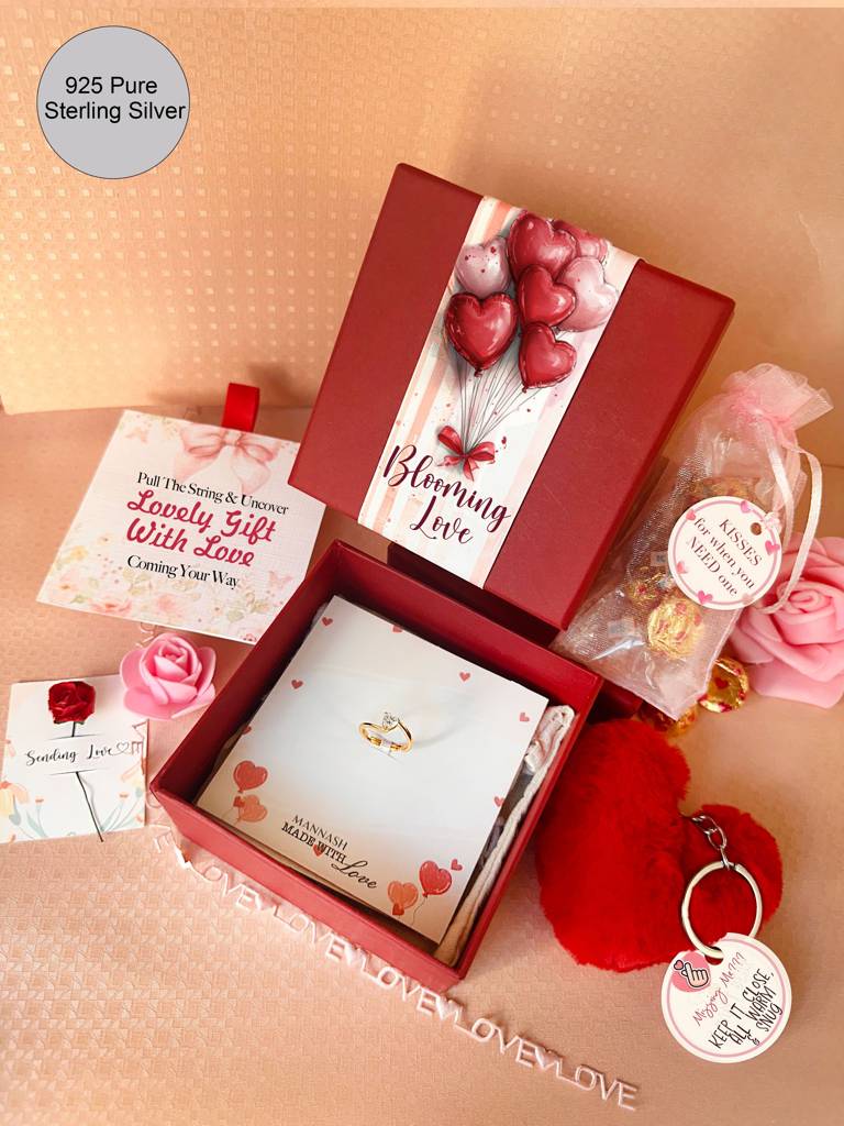 Mannash Blooming Love Valentine Gift Hamper Solitaire Heart Silver Ring : MZRVHR973D2401