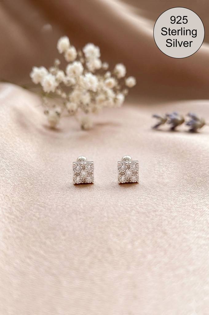 Sparkly Square Sterling Silver Second Stud Earrings : MZSET978D2417