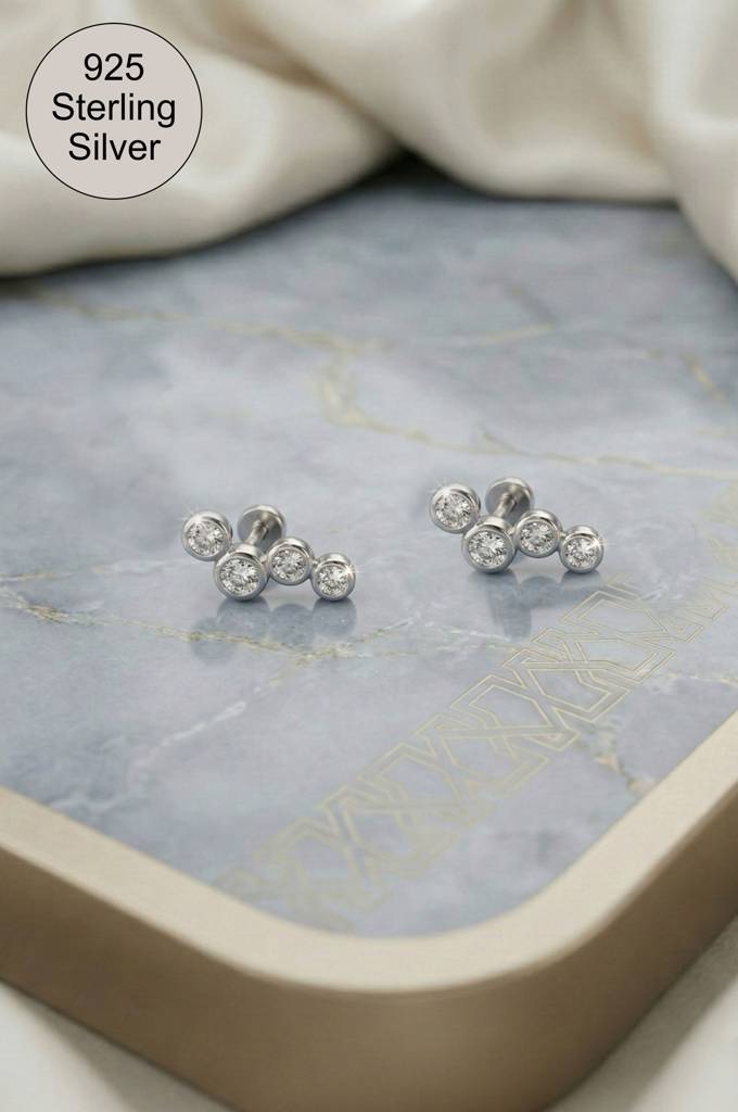 Modern Three Stone Sterling Silver Second Stud Earrings : MZSET984D2423