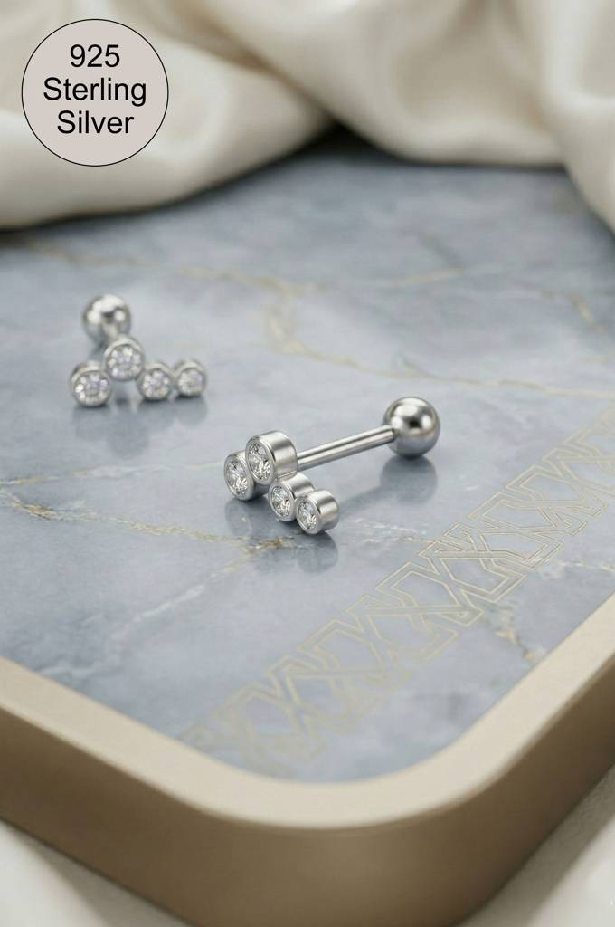 Modern Three Stone Sterling Silver Second Stud Earrings : MZSET984D2423