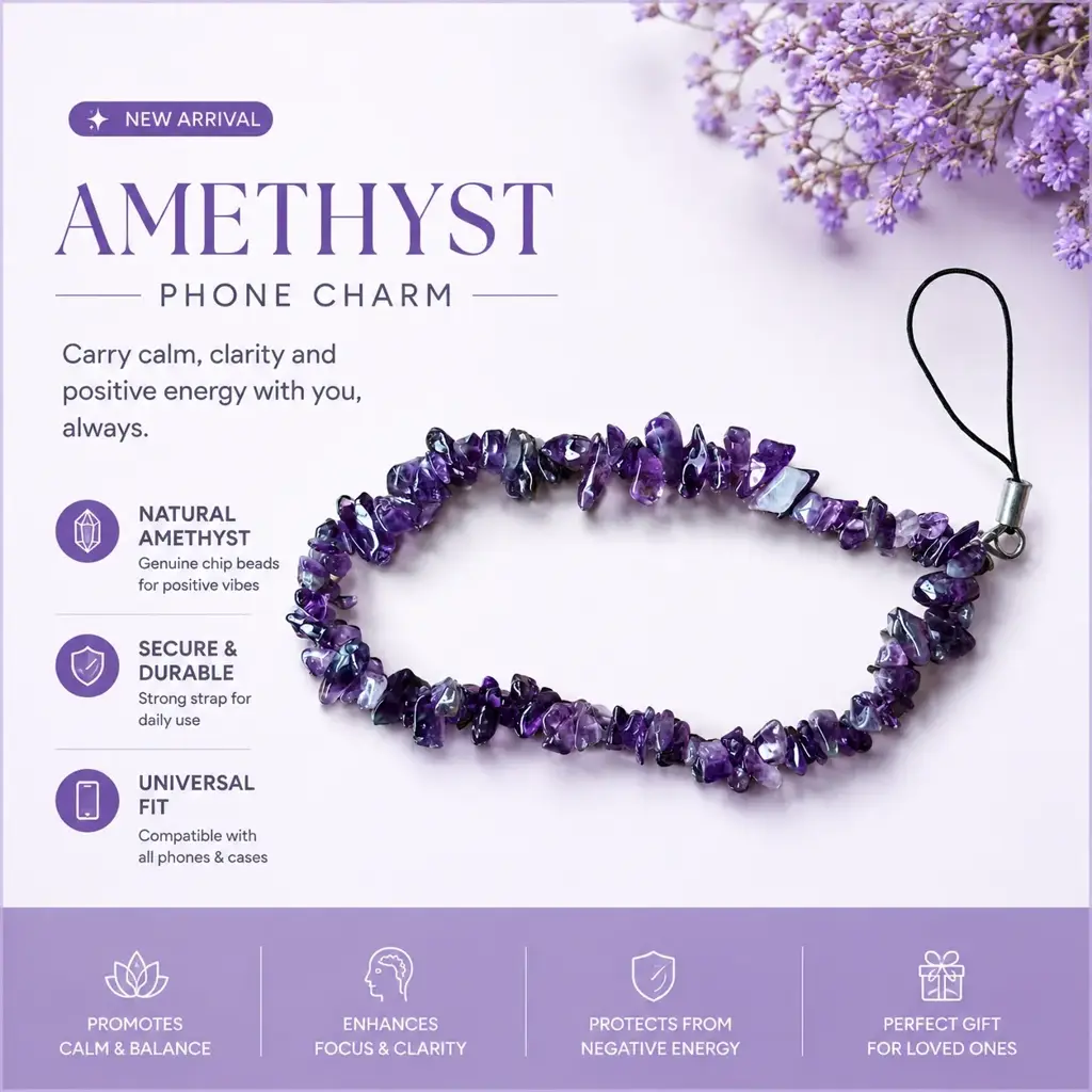 Healing Crystal Amethyst Mobile Charm – Natural Gemstone For Protection, Calmness & Gifting : AMETHYST-MOBILE-CHARM