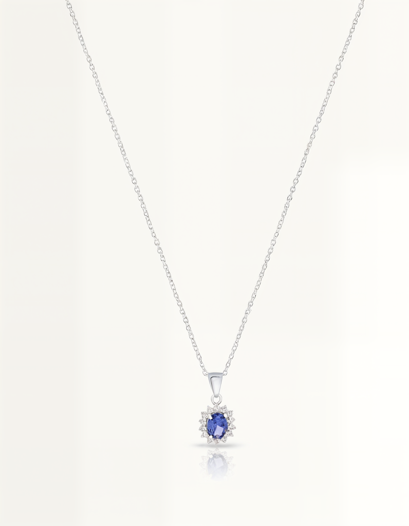 Blue Oval Halo Pendant Necklace : JEW-PCH-SLV-010