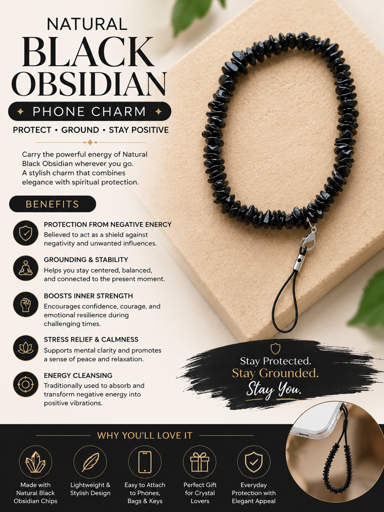 Black Obsidian Healing Crystal Mobile Charm - Natural Gemstone Phone Charm For Protection : OBSIDIAN-MOBILE-CHARM