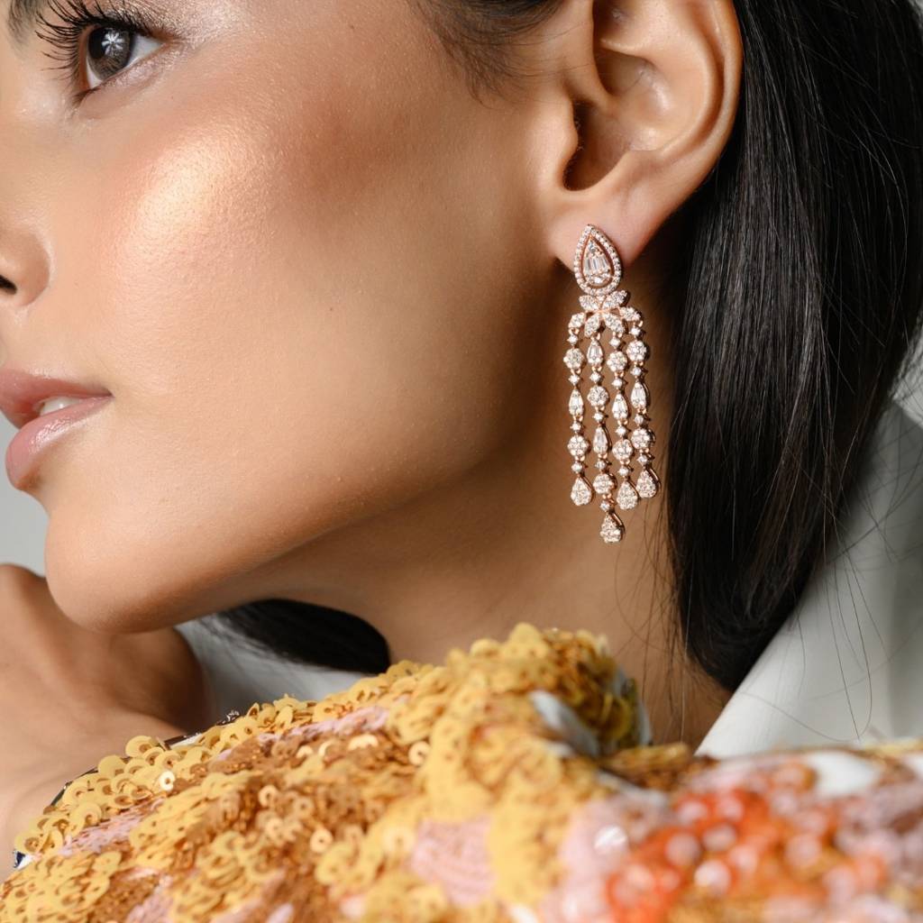 925 Silver Long Dangle Earrings With Clustered Cz Diamonds Accents : NFL13