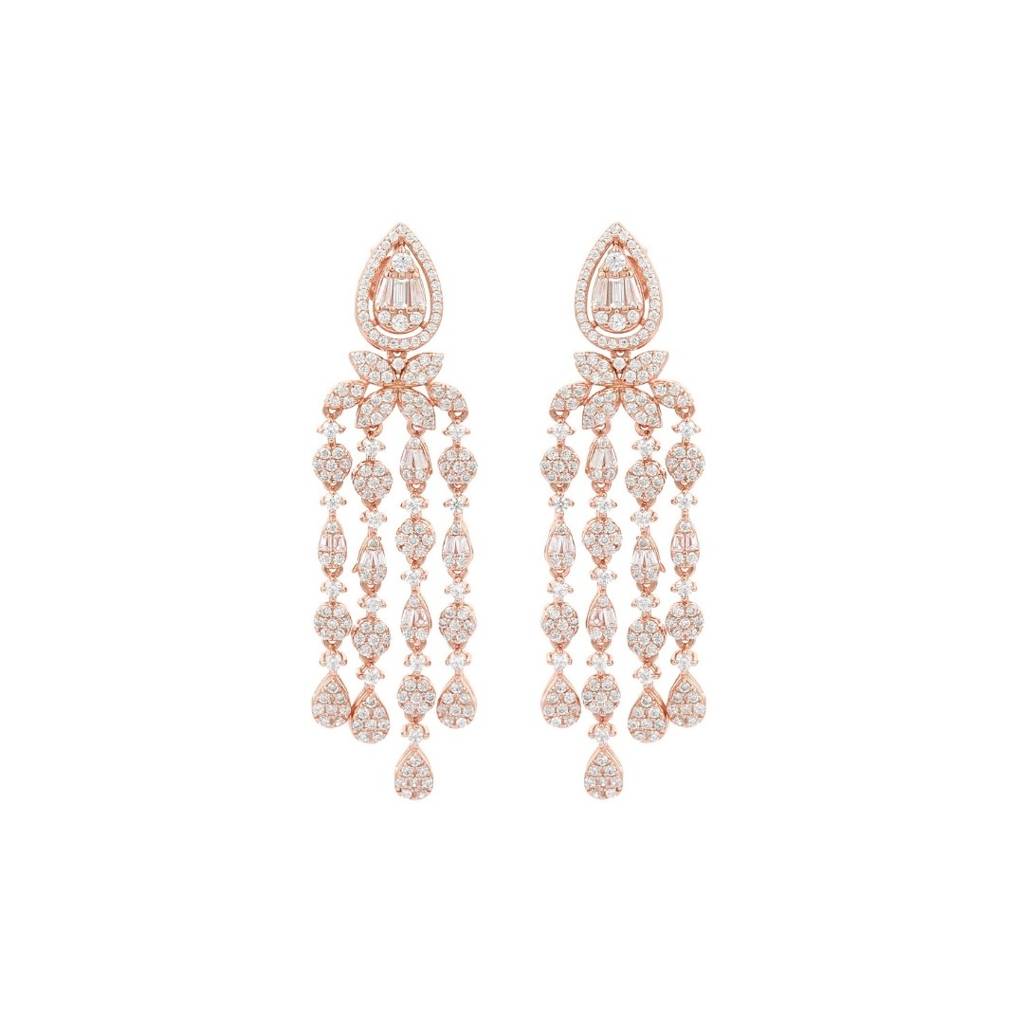 925 Silver Long Dangle Earrings With Clustered Cz Diamonds Accents : NFL13