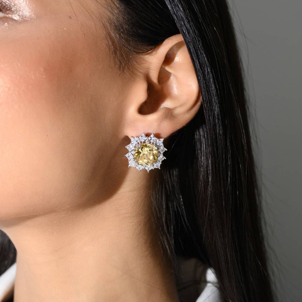 Snowflake Cz Crystals Yellow Diamond Stud Earrings In 925 Silver : NFL22