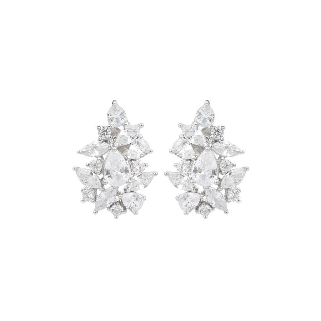 Leaf Pattern Stud Earrings With Marquise Cut Cz Diamonds In 925 Silver : NFL2