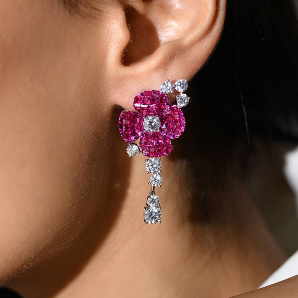 925 Silver Flower Drop Dangle Earrings With Sparkling Cz Diamonds Accents : NFL42