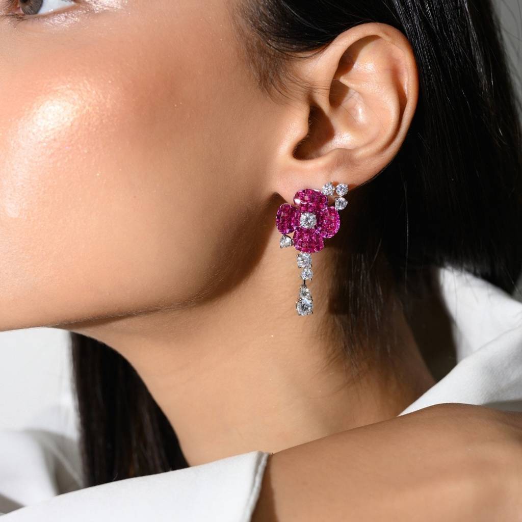 925 Silver Flower Drop Dangle Earrings With Sparkling Cz Diamonds Accents : NFL42