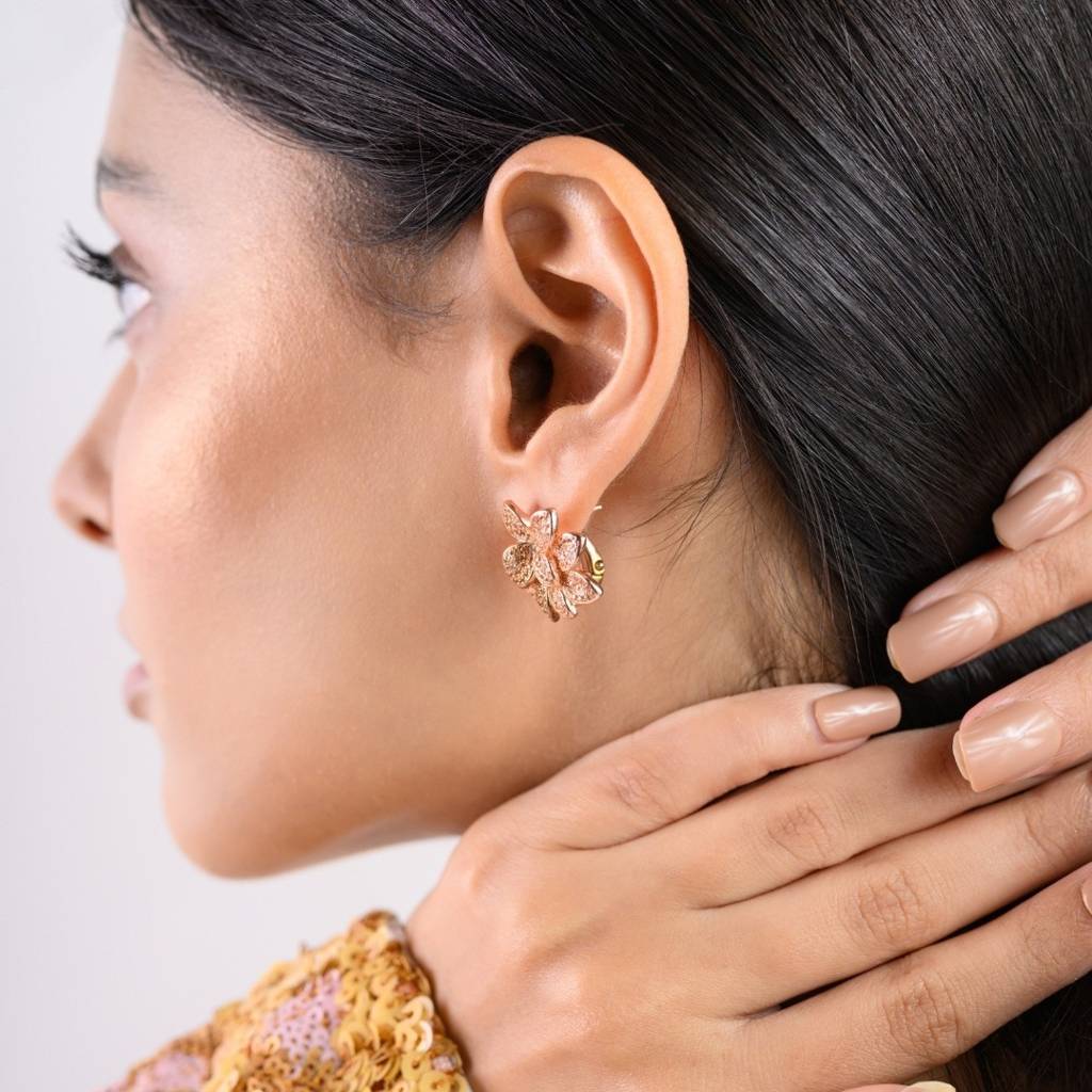 Rose Gold Flower Stud Earrings In 925 Silver With Sparkling Cz Diamonds : NFL45