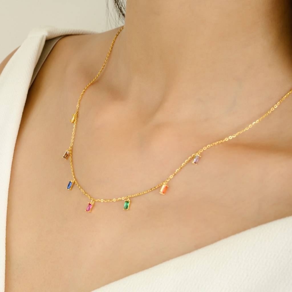 Colourful Dainty Cz Diamond Charm Necklace In 925 Silver : NFL62