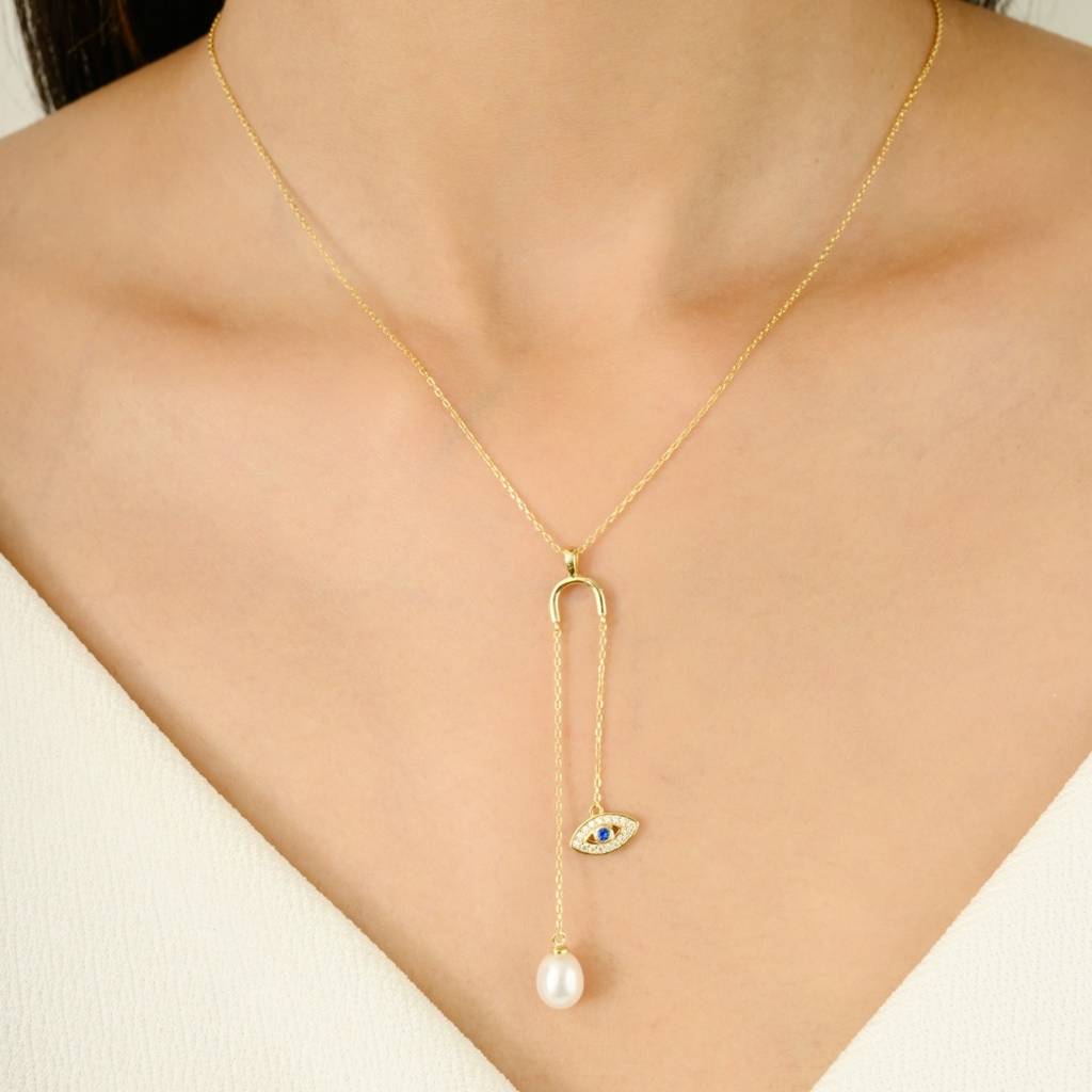 Yellow Gold Plated Evil Eye Pearl Drop Pendant Necklace In 925 Silver : NFL66