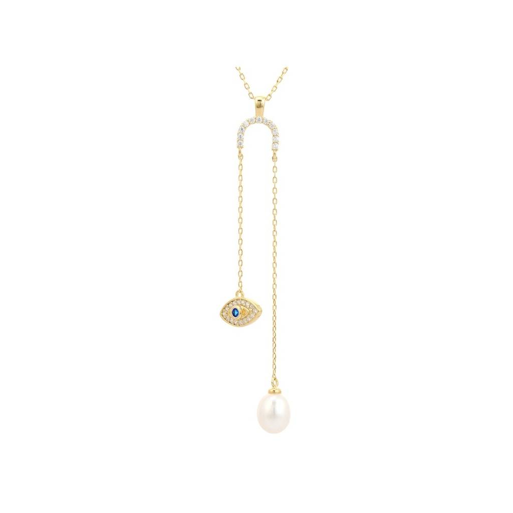 Yellow Gold Plated Evil Eye Pearl Drop Pendant Necklace In 925 Silver : NFL66