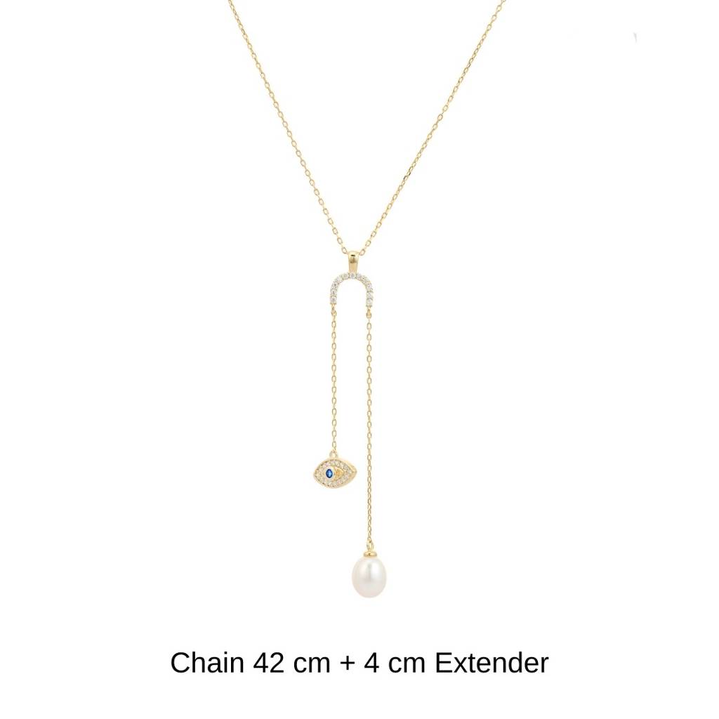 Yellow Gold Plated Evil Eye Pearl Drop Pendant Necklace In 925 Silver : NFL66