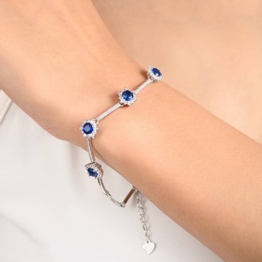 925 Silver Flower Charm Adjustable Tennis Bracelet With Cz Diamond Crystals : NFL74