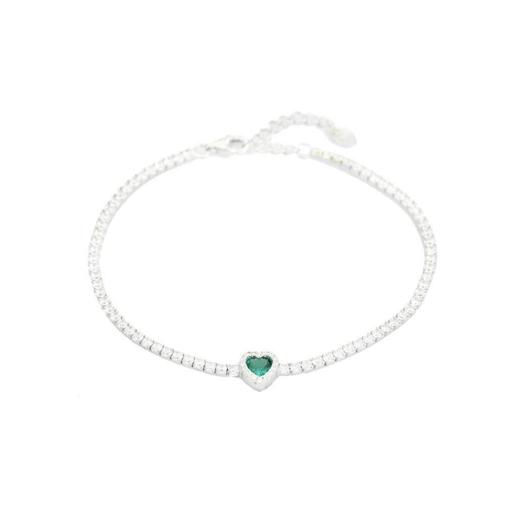 Adjustable Tennis Bracelet With Delicate Heart Shape Green Cz Diamond In 925 Silver : NFL89