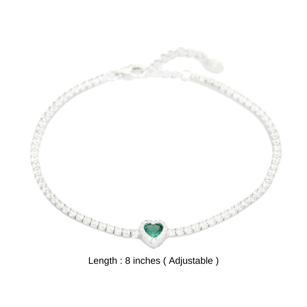 Adjustable Tennis Bracelet With Delicate Heart Shape Green Cz Diamond In 925 Silver : NFL89
