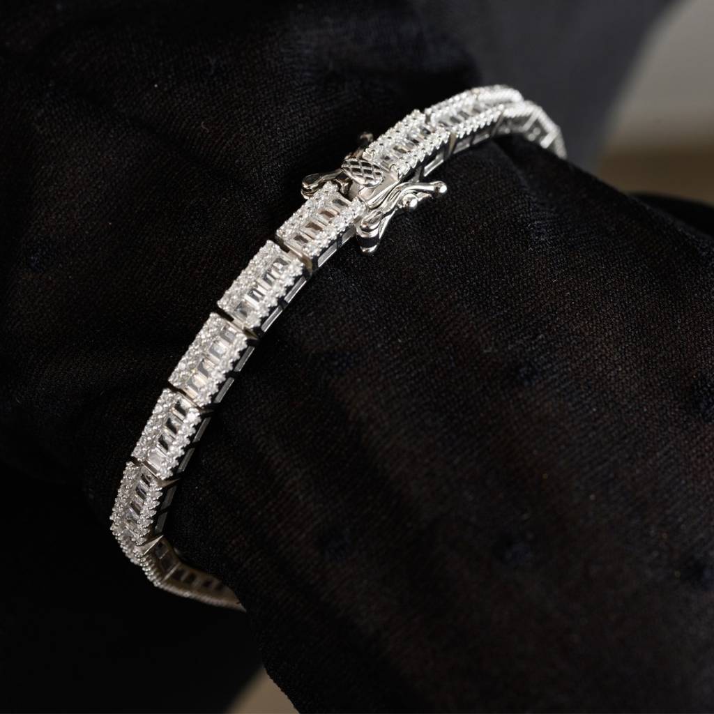 White Gold Tennis Bracelet With Baguette Cut Square Cz Diamonds In 925 Silver : NFL94