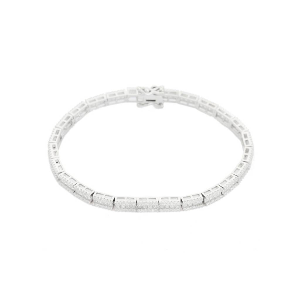White Gold Tennis Bracelet With Baguette Cut Square Cz Diamonds In 925 Silver : NFL94
