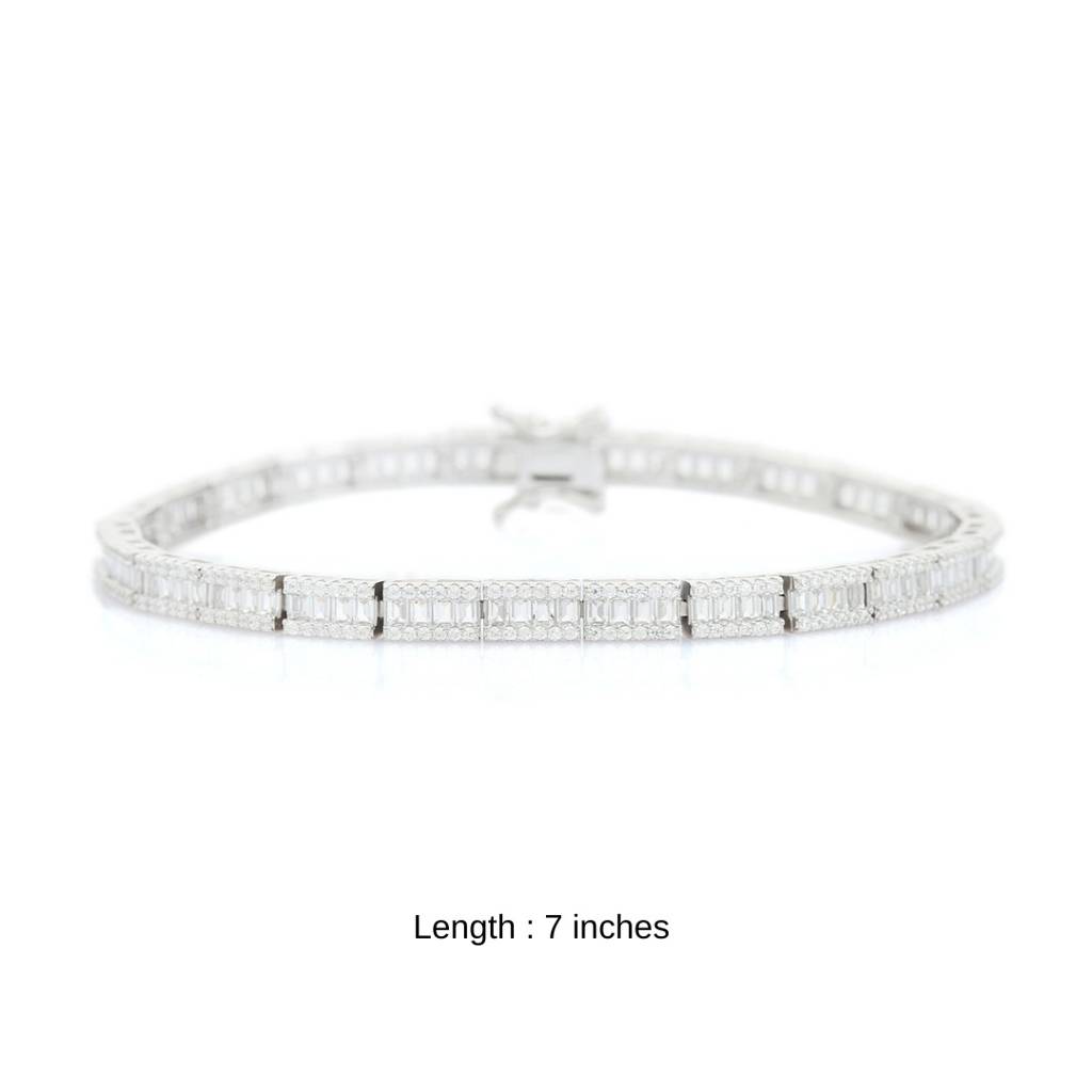 White Gold Tennis Bracelet With Baguette Cut Square Cz Diamonds In 925 Silver : NFL94