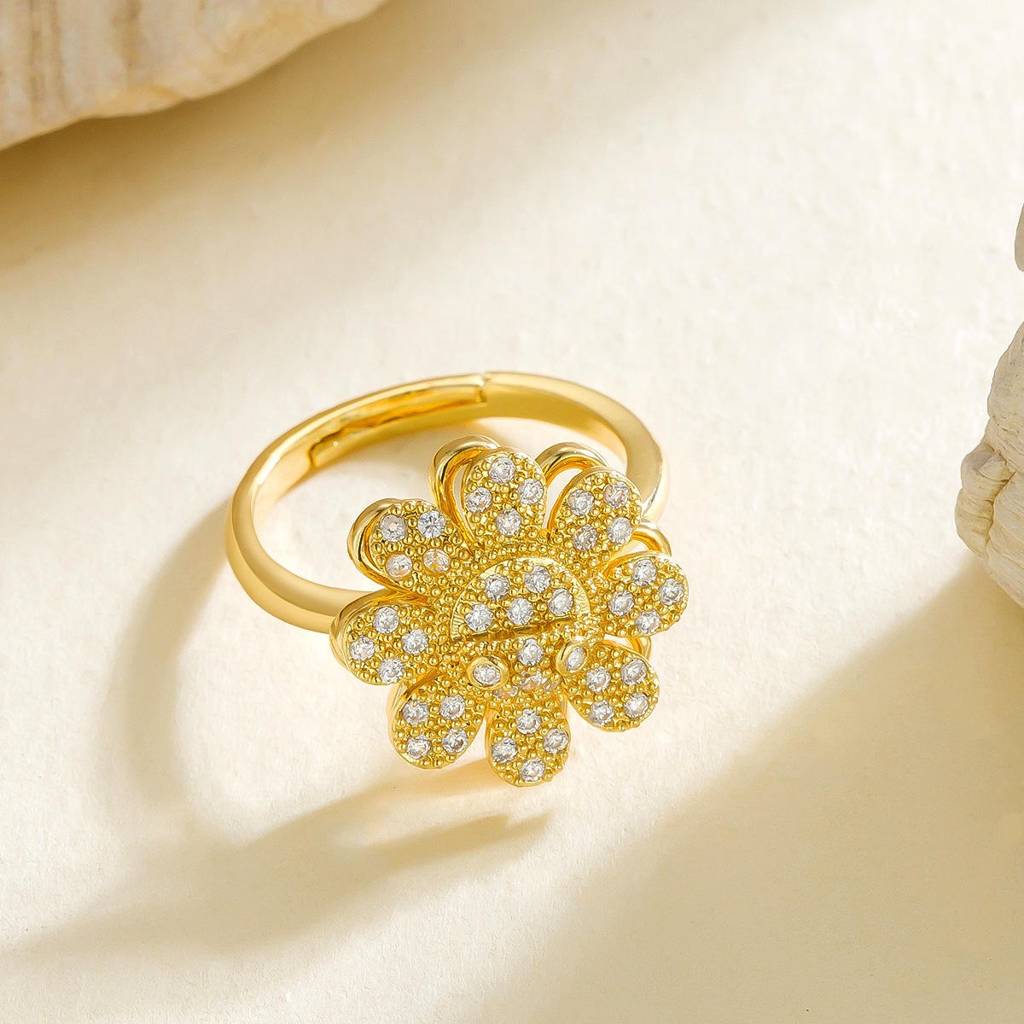 Gold-Tone Sparkling Daisy Flower Ring With Clear Cz Crystals – Adjustable Fashion Jewelry For Women & Girls |St : NI-U64N-UWQV
