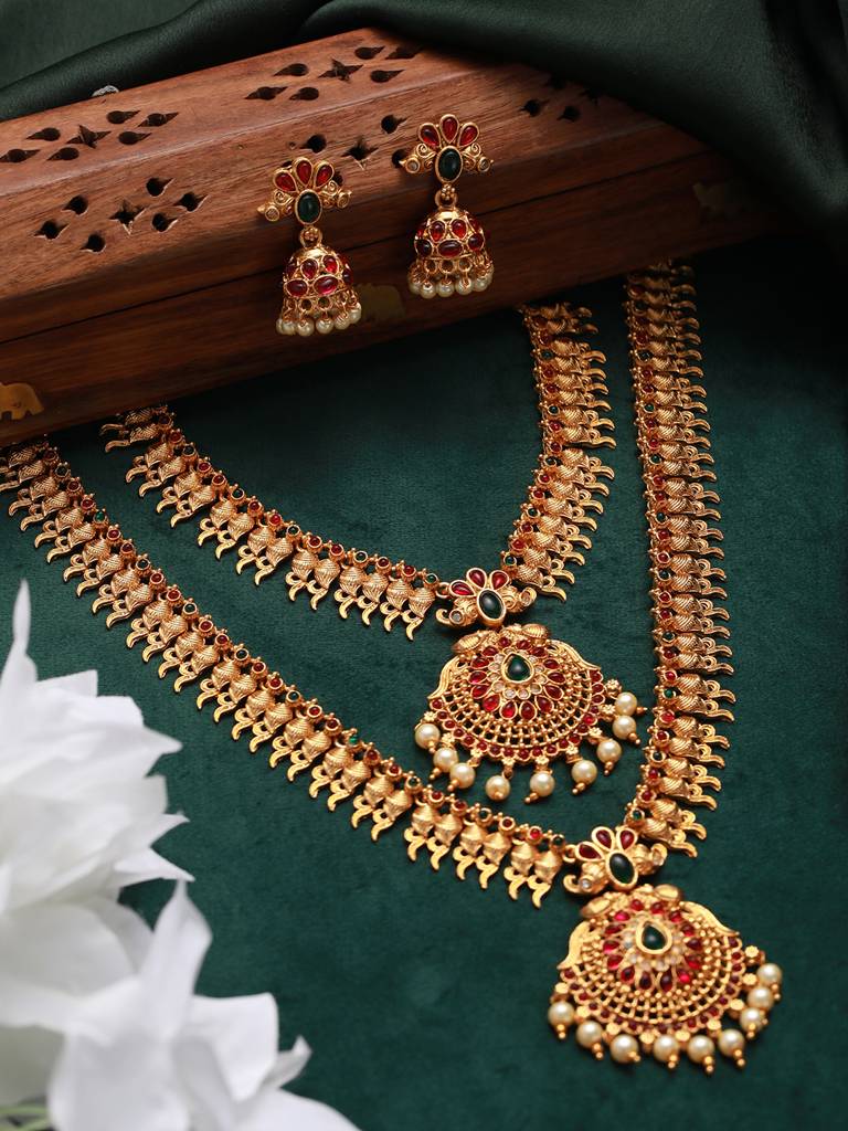 Pack Of 2 Gold-Plated Stone-Studded & Beaded Jewellery Set : nl-js22-40157