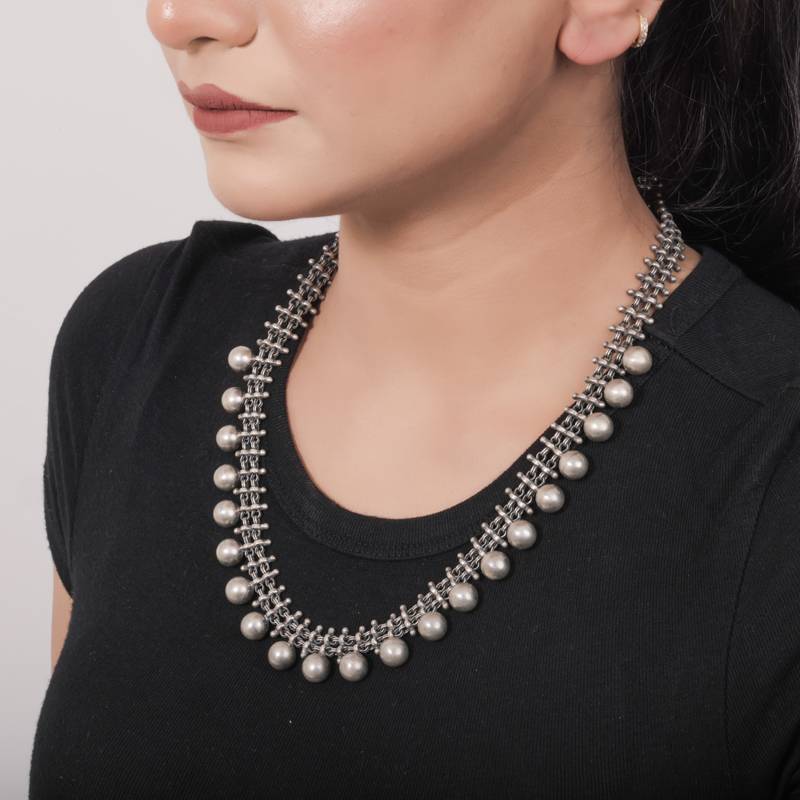 925 Pure Silver Antique Elegant Necklace | Classic Pearl Beaded Necklace : NL1031A