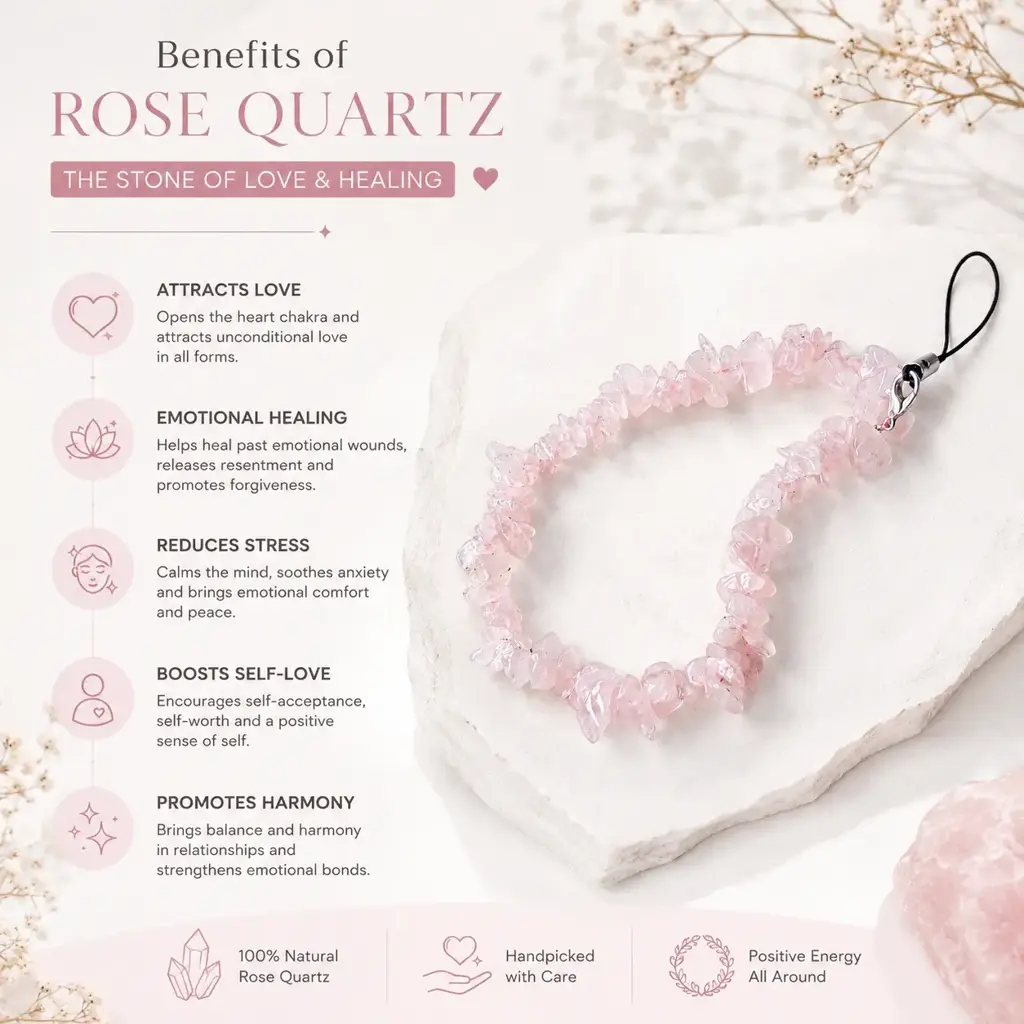Rose Quartz Mobile Charm – Healing Crystal Phone Charm For Love, Positivity & Gifting : ROSE-QUARTZ-MOBILE-CHARM