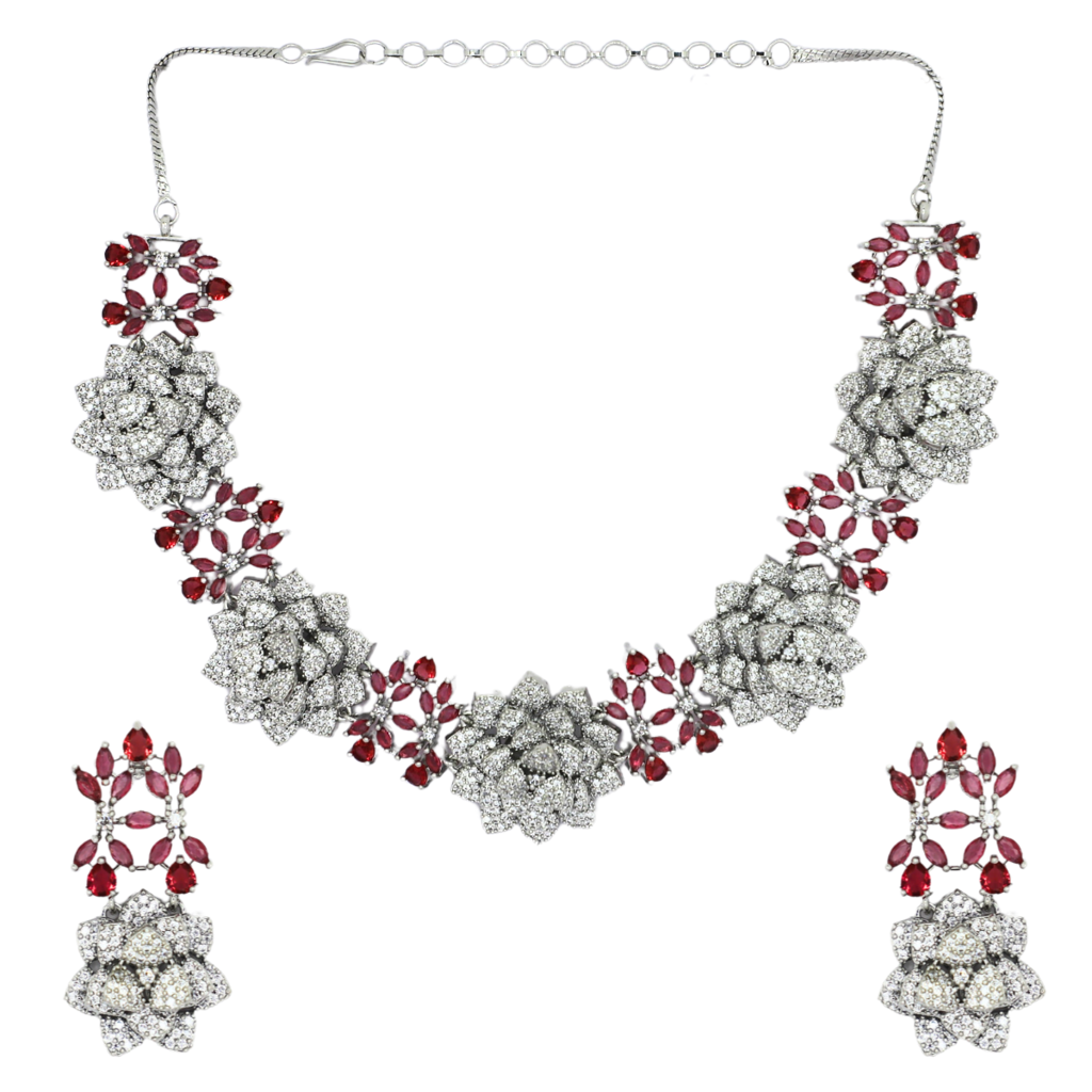Premium Floral Necklace Set For Women In Brass With American Diamond Set | Gold And Silver Wedding Jewel : NS0125GJD173P3000SP