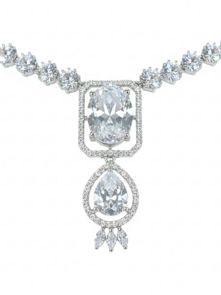 Princess Cut Ad Necklace Set For Women American Diamond Jewelry Set Bridal, Wedding Traditional Necklace  : NS0125GJD443P1550S
