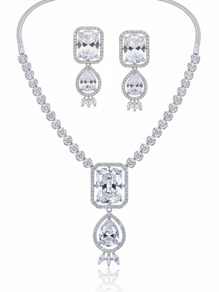 Princess Cut Ad Necklace Set For Women American Diamond Jewelry Set Bridal, Wedding Traditional Necklace  : NS0125GJD443P1550S
