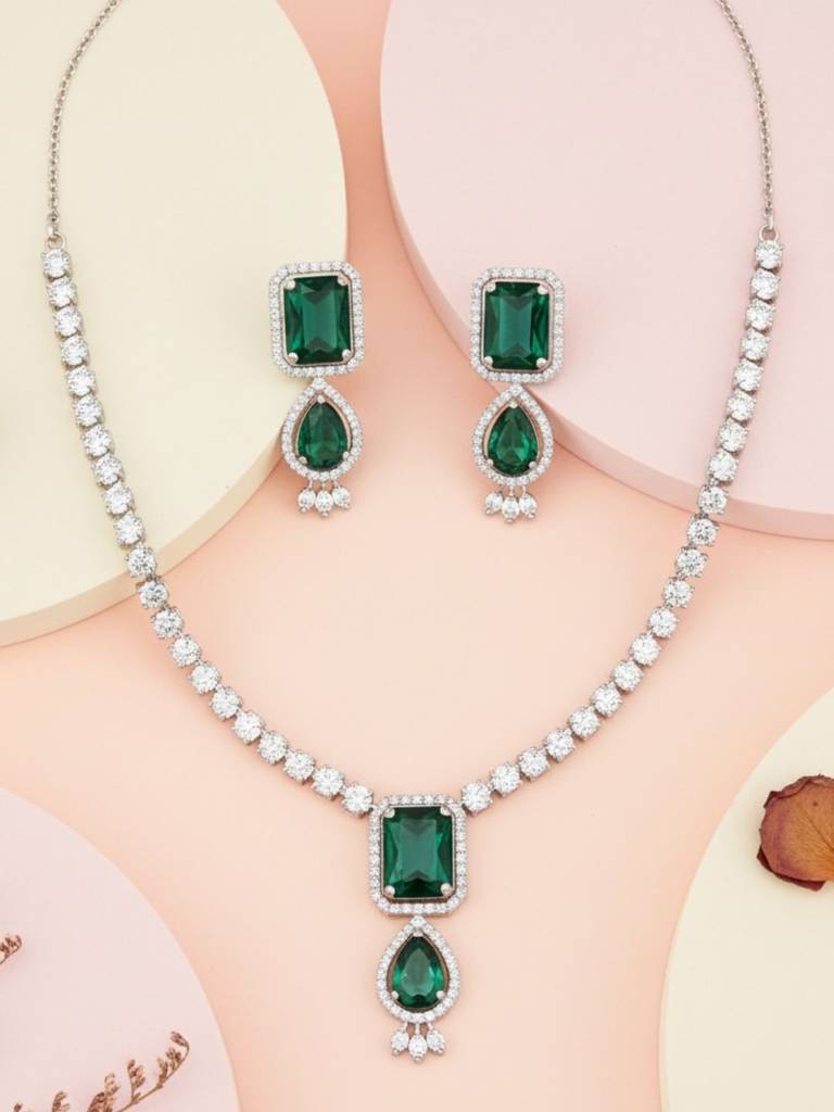 Princess Cut Ad Necklace Set For Women American Diamond Jewelry Set Bridal, Wedding Traditional Necklace  : NS0125GJD443P1550S