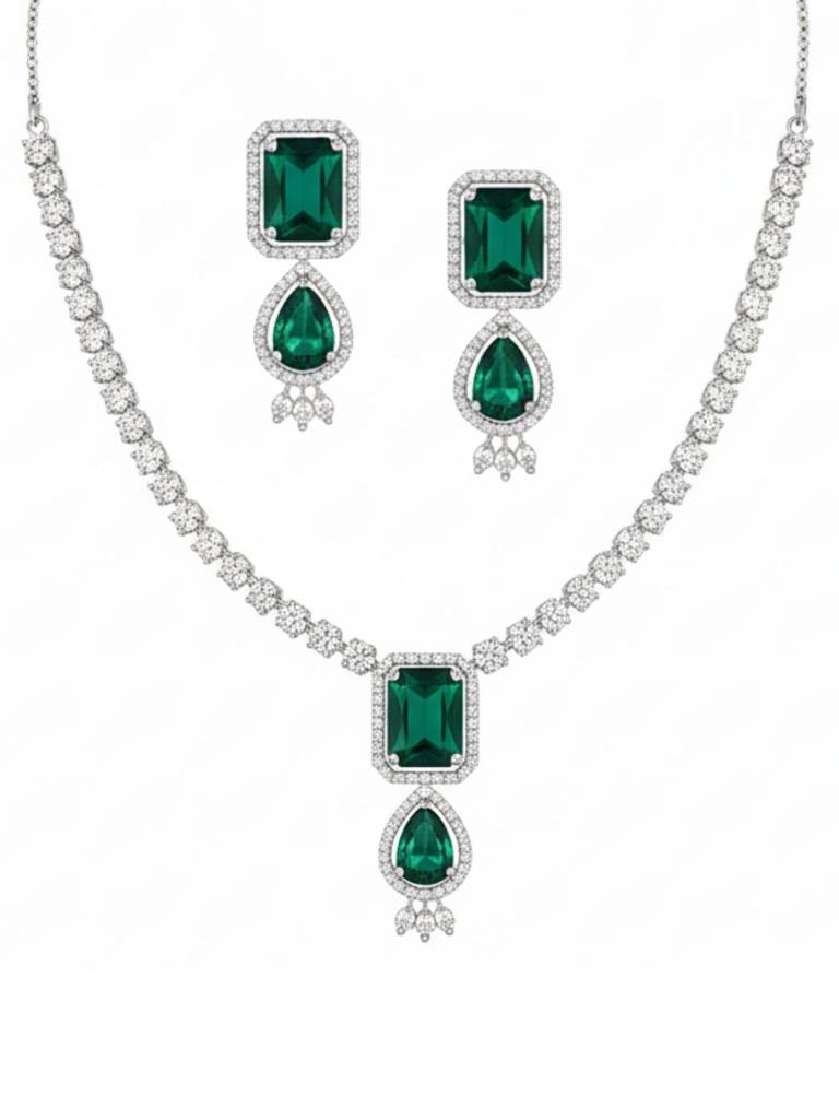 Princess Cut Ad Necklace Set For Women American Diamond Jewelry Set Bridal, Wedding Traditional Necklace  : NS0125GJD443P1550S