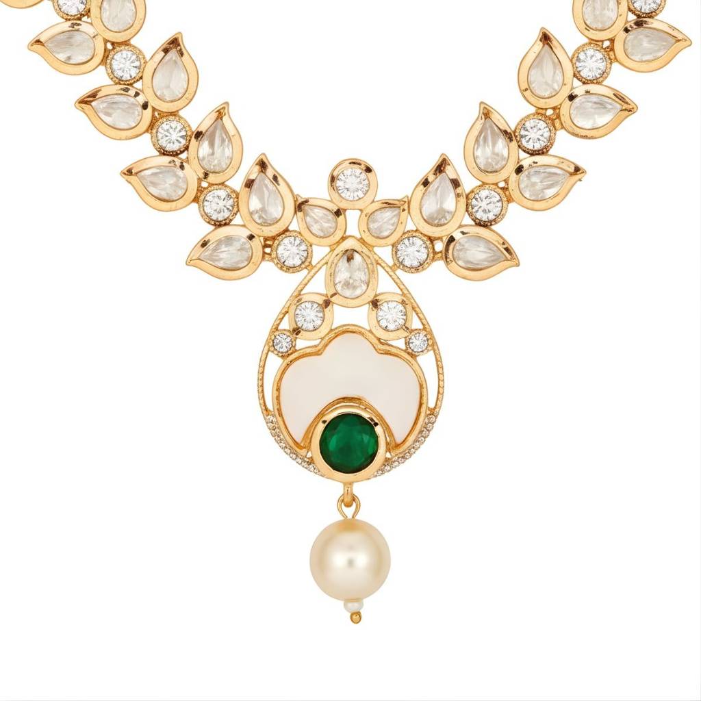 Polki Choker Necklace Set With Intricate Ivory Meenakari, Ruby Accents & Mother Of Pearl Detailing For Women : NS0125MD1890GWG