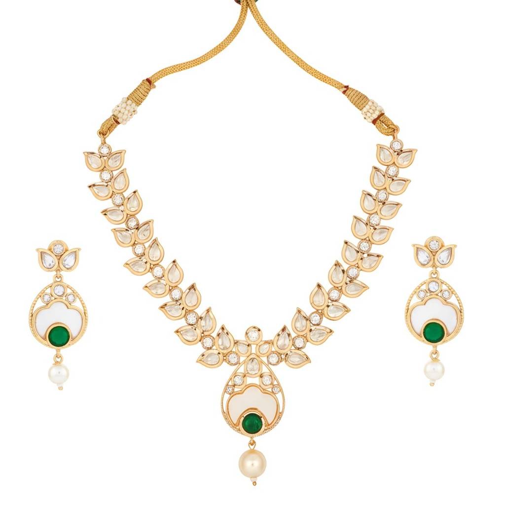 Polki Choker Necklace Set With Intricate Ivory Meenakari, Ruby Accents & Mother Of Pearl Detailing For Women : NS0125MD1890GWG