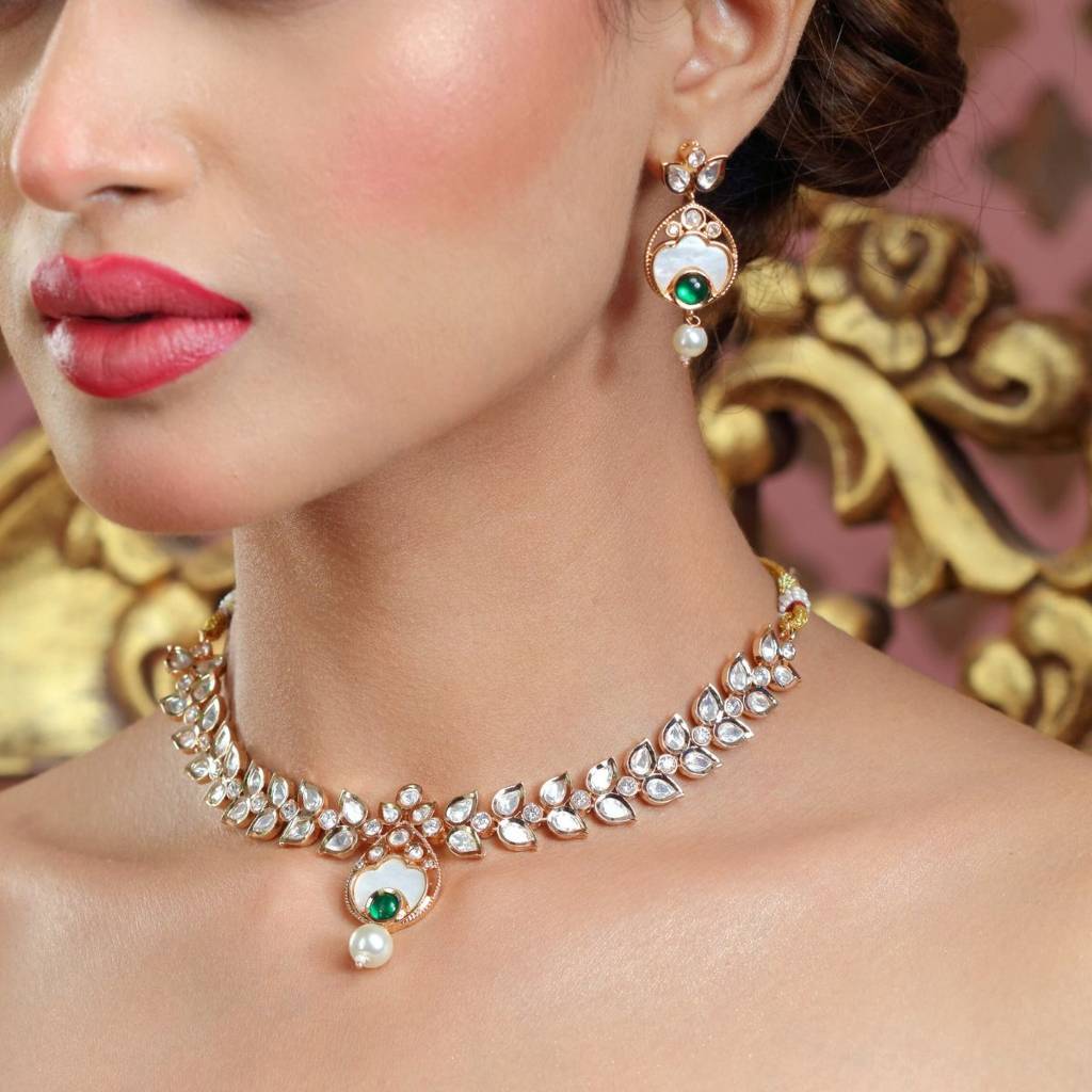 Polki Choker Necklace Set With Intricate Ivory Meenakari, Ruby Accents & Mother Of Pearl Detailing For Women : NS0125MD1890GWG