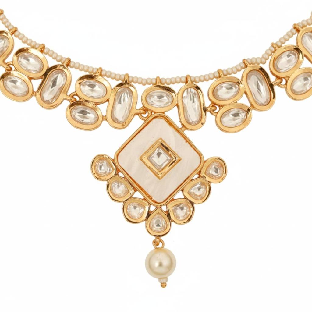 Mother Of Pearl Polki Necklace Set For Women | Square Polki Choker With Premium Kundan Stones & Pearl Drops | : NS0125MD1960GW