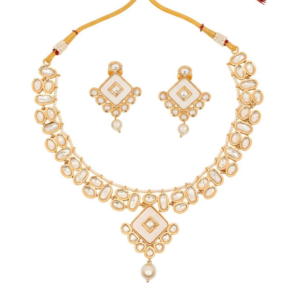 Mother Of Pearl Polki Necklace Set For Women | Square Polki Choker With Premium Kundan Stones & Pearl Drops | : NS0125MD1960GW
