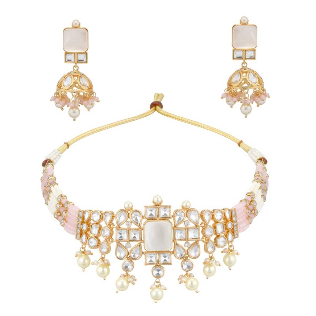 Polki Choker Necklace Set With Square Polki Stones, Pastel Beads, Pearls & Kundan Work | Bridal & Festive Jew : NS0125MD3307GW