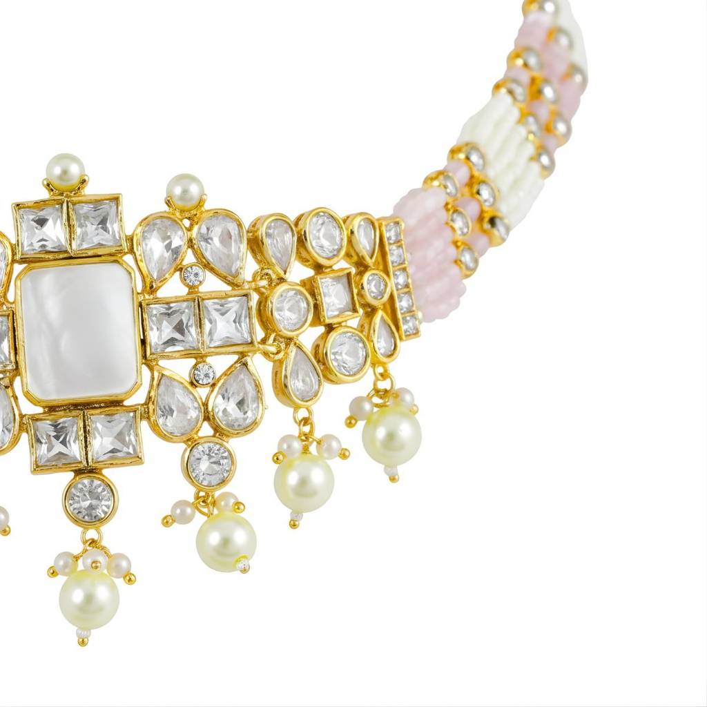 Polki Choker Necklace Set With Square Polki Stones, Pastel Beads, Pearls & Kundan Work | Bridal & Festive Jew : NS0125MD3307GW