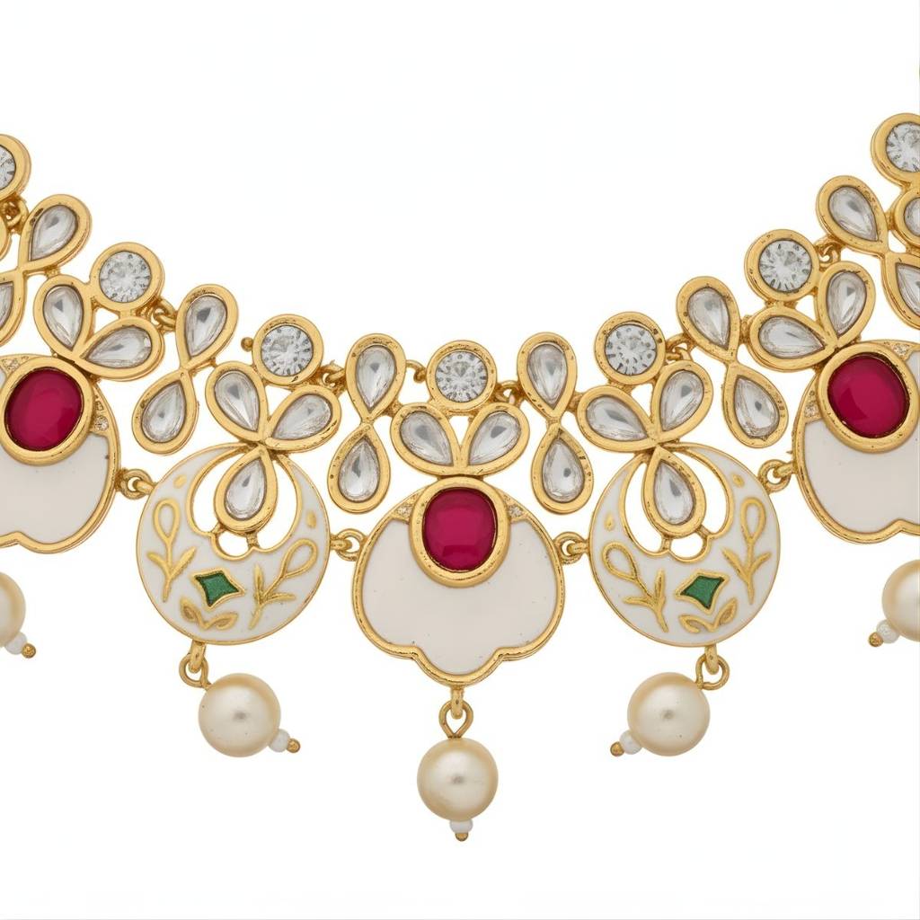 Polki Choker Necklace Set With Intricate Ivory Meenakari, Ruby Detailing & Mother Of Pearl Accents For Women  : NS0125MD3342GW