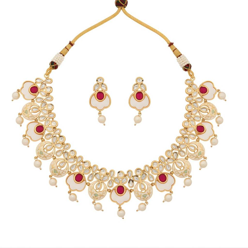 Polki Choker Necklace Set With Intricate Ivory Meenakari, Ruby Detailing & Mother Of Pearl Accents For Women  : NS0125MD3342GW