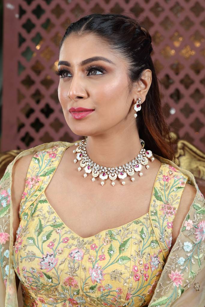 Polki Choker Necklace Set With Intricate Ivory Meenakari, Ruby Detailing & Mother Of Pearl Accents For Women  : NS0125MD3342GW