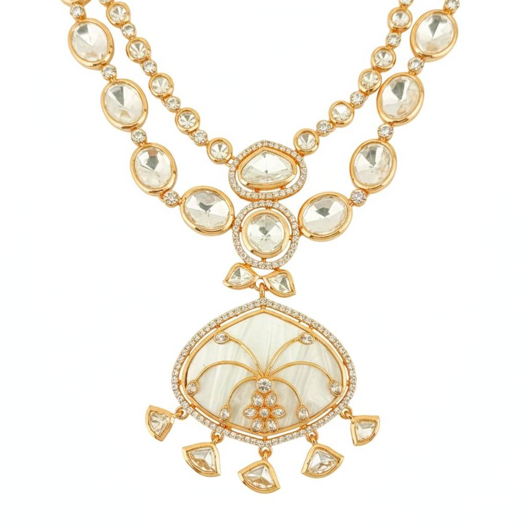 Long Polki Necklace Set For Women With Mother Of Pearl Detailing, Dual-Strand Kundan Work & Matching Earrings : NS0125MD4777GW