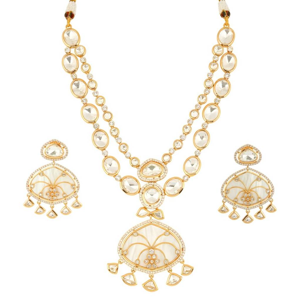 Long Polki Necklace Set For Women With Mother Of Pearl Detailing, Dual-Strand Kundan Work & Matching Earrings : NS0125MD4777GW