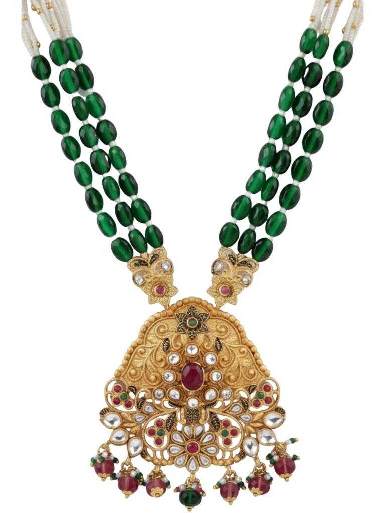 Gold Plated Kundan Pearl Beaded Heritage Jewellery Long Necklace Set With Green Beads & Jhumka Earrings  : NS0226KPD1037P531GM