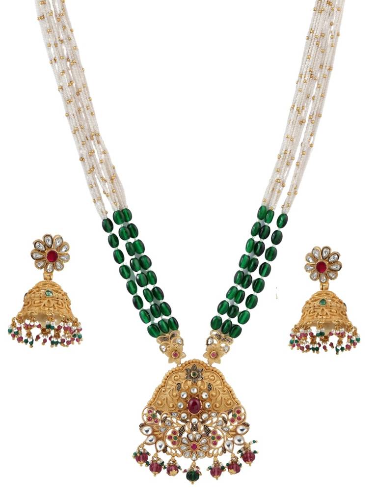 Gold Plated Kundan Pearl Beaded Heritage Jewellery Long Necklace Set With Green Beads & Jhumka Earrings  : NS0226KPD1037P531GM
