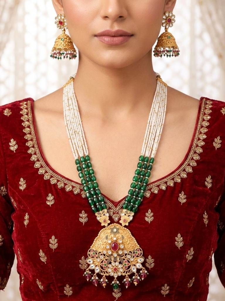 Gold Plated Kundan Pearl Beaded Heritage Jewellery Long Necklace Set With Green Beads & Jhumka Earrings  : NS0226KPD1037P531GM