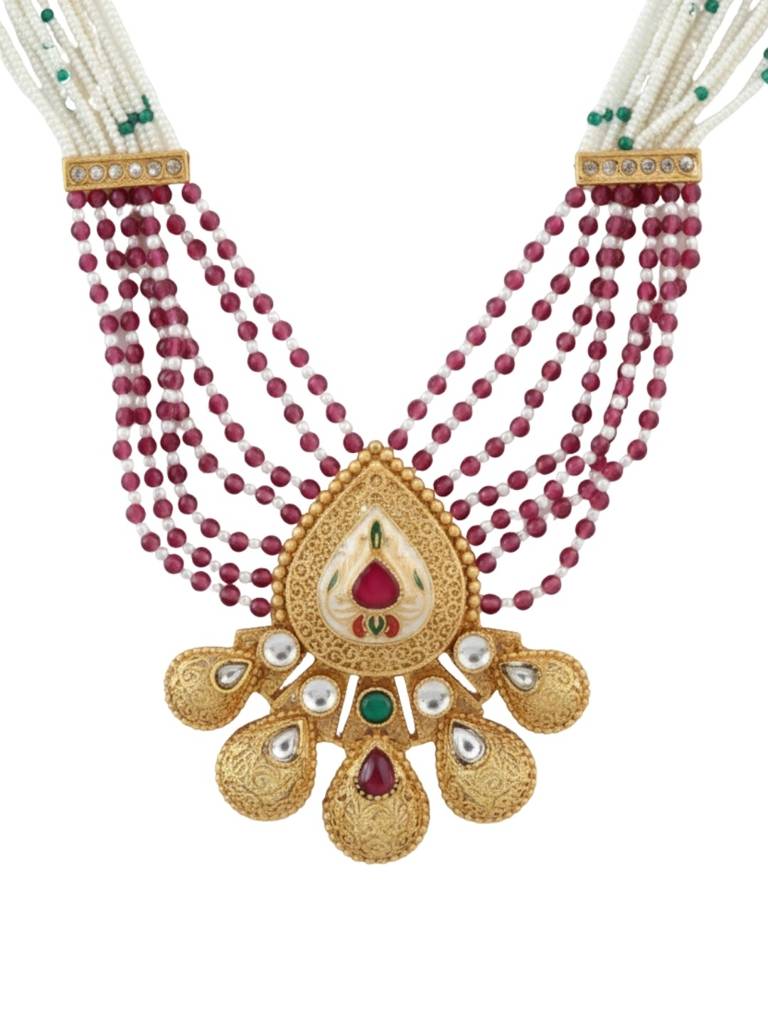 Gold Plated Kundan Heritage Jewellery Long Necklace Set With Pearl Strands, Ruby Tone Beads & Matching Jh : NS0226KPD1043P487M